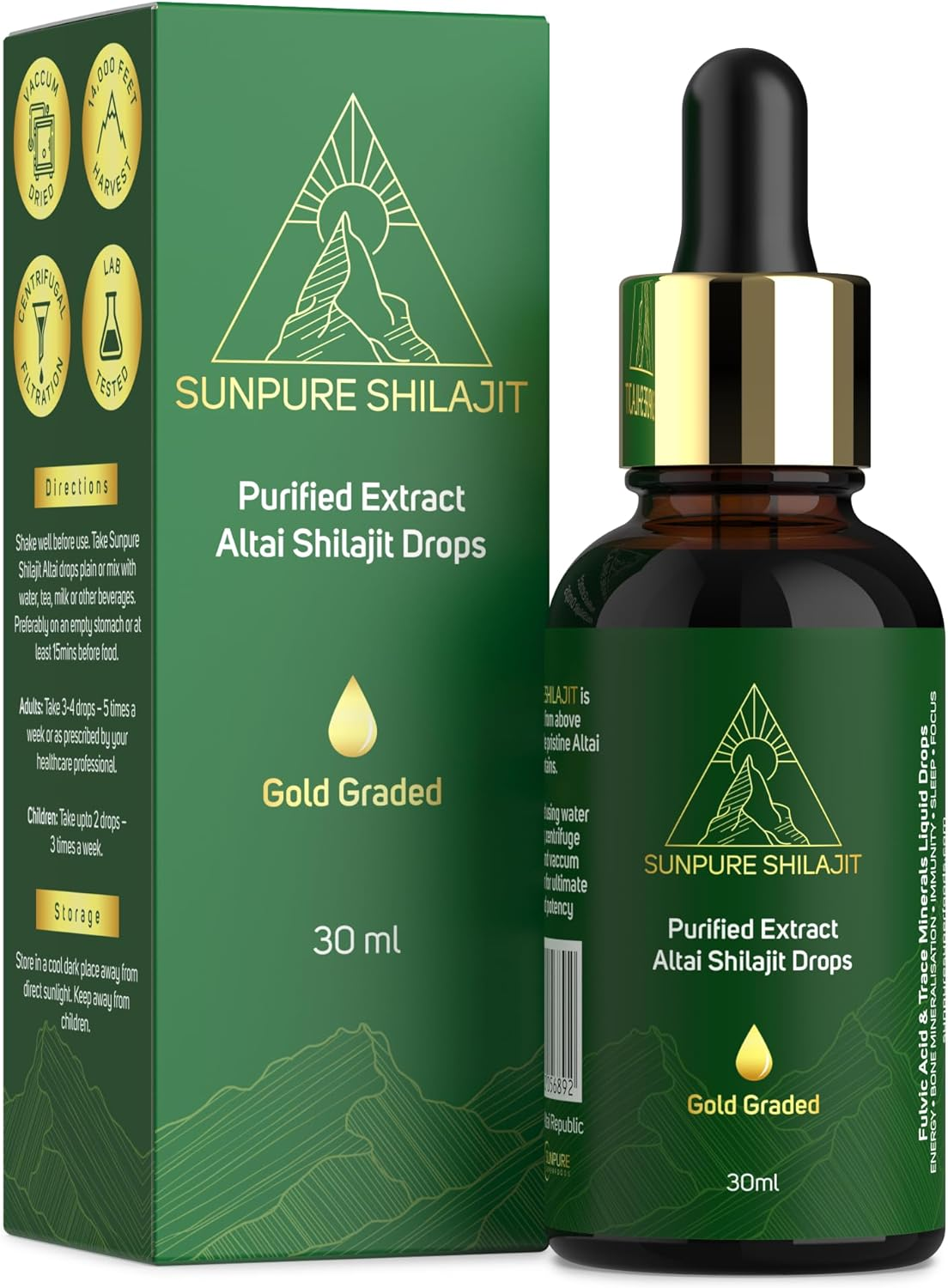Pure Authentic Siberian Altai Shilajit Drops 30Ml - Golden Mountains above 14,000FT | Purified & Organic | 85+ Essential Minerals | High Bioavailability