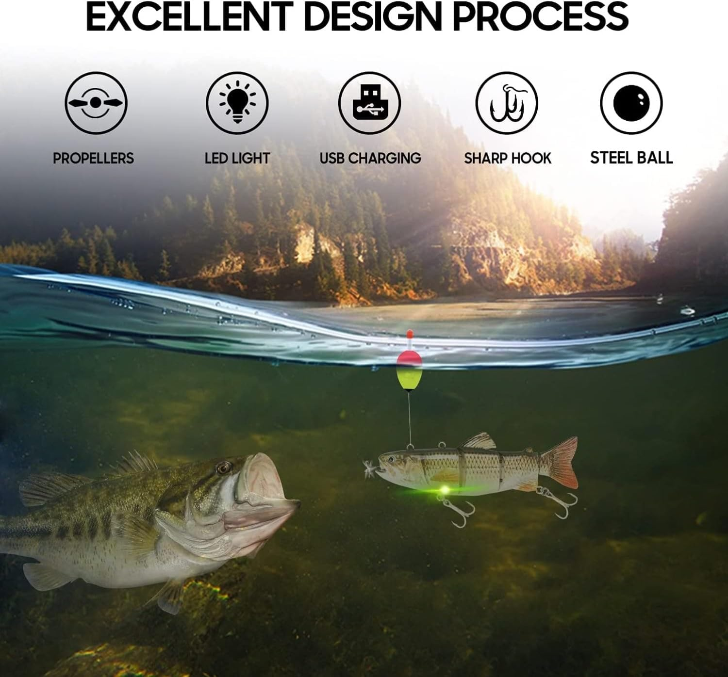 Robotic Swimming Electric Fishing Lures 5.12" USB Rechargeable LED Light Wobbler 4 Segment Multi Jointed Swimbaits Hard Lures Fishing Tackle - Common Shad (Classic) image number 4