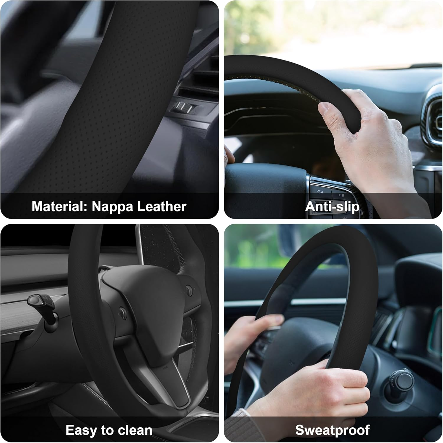 Frani Nappa Leather Steering Wheel Cover, Universal 15 Inch Premium Non-Slip Steering Wheel Cover Black image number 5