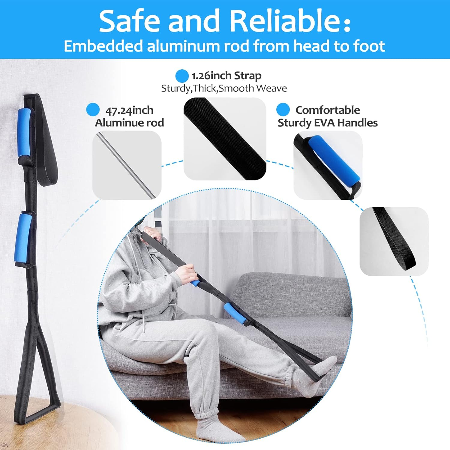 40 Inch Length Leg Lifter Strap,With 1.2M Aluminum Rod Embed,Large Foot Loop SS304 Tube Inside,Rigid Hand Straps with Multi Soft Foam Handles,Mobility Tool for Hip&Knee Replacement Surgery image number 5