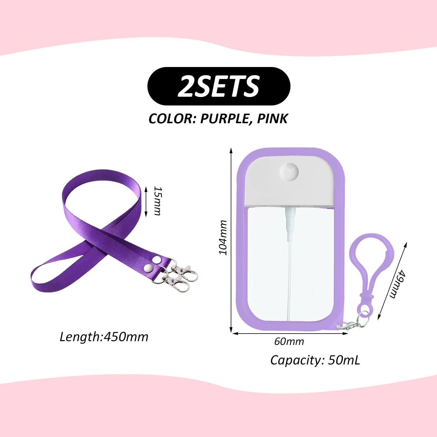 2 Square Press Spray Bottles, 2 Anti-Lost Double Hook Lanyards, Portable Silicone Spray Bottles, Travel Fragrance Underfilling, Reusable Cosmetic Spray Bottles image number 5