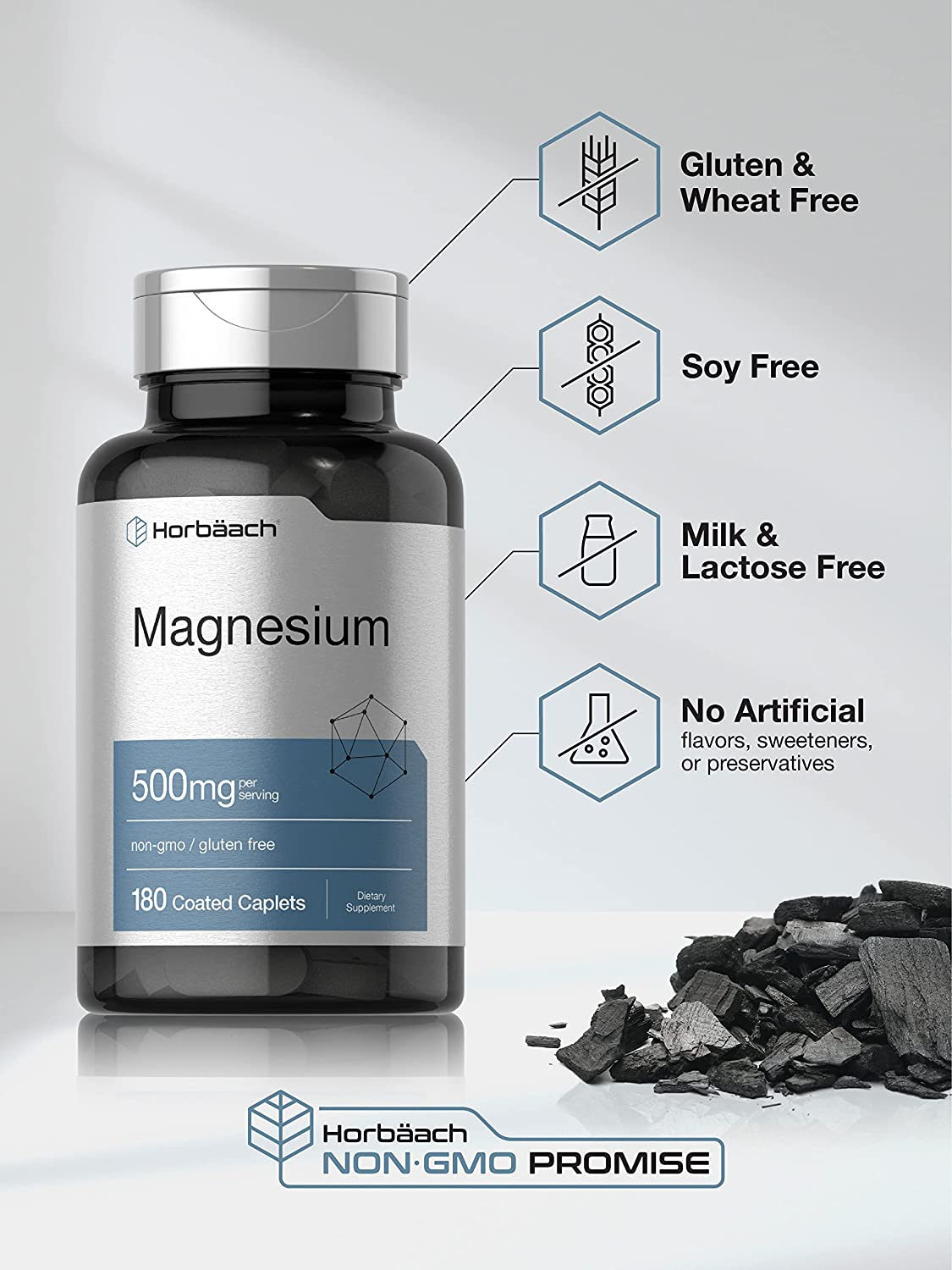 Magnesium 500Mg | 180 Caplets | as Magnesium Oxide | Vegetarian, Non-Gmo, and Gluten Free Supplement | by Horbaach image number 3