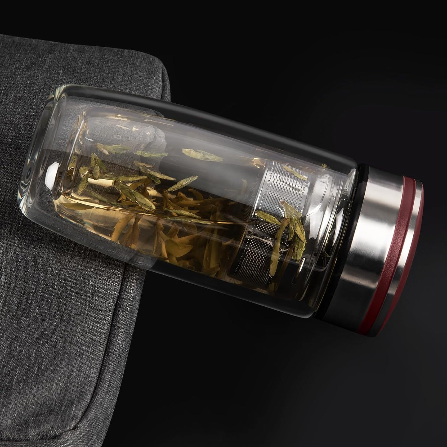 13Oz Double Wall Glass Water Bottle with Tea Infuser, Tea Tumbler with Strainer,Reusable Travel Mug with Neoprene and Stainless Steel Lid