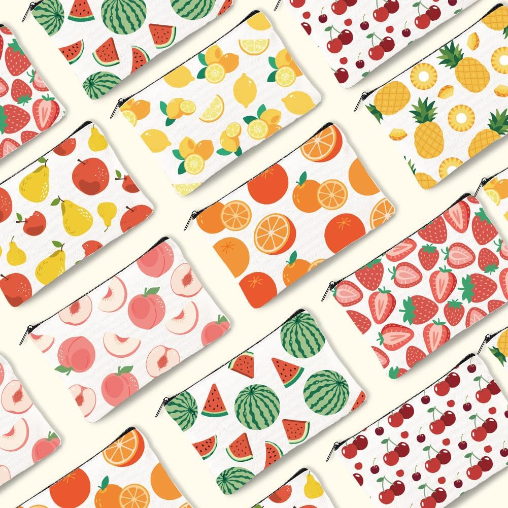 Doodlream 16Pcs Canvas Fruits Makeup Bag, 23 X 15 Cm Oranges Lemons Pineapples Cosmetic Bags Travel Organizer Portable Accessories with Zipper, Toiletry Large Capacity, Purse Organizer Pouches image number 4