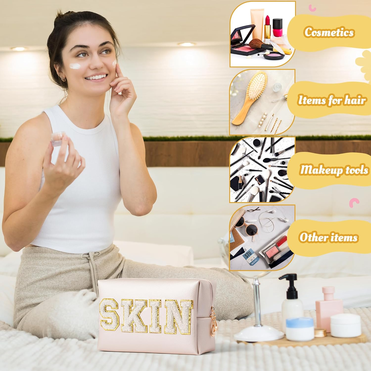 Y1Tvei 4Pcs Preppy Patch Varsity Letter Makeup Bag Sewn with White Skin Hair Face Stuff Chenille Letter Cosmetic Toiletry Bag PU Leather Waterproof Portable Zipper Purse Travel Organizer E1 image number 1