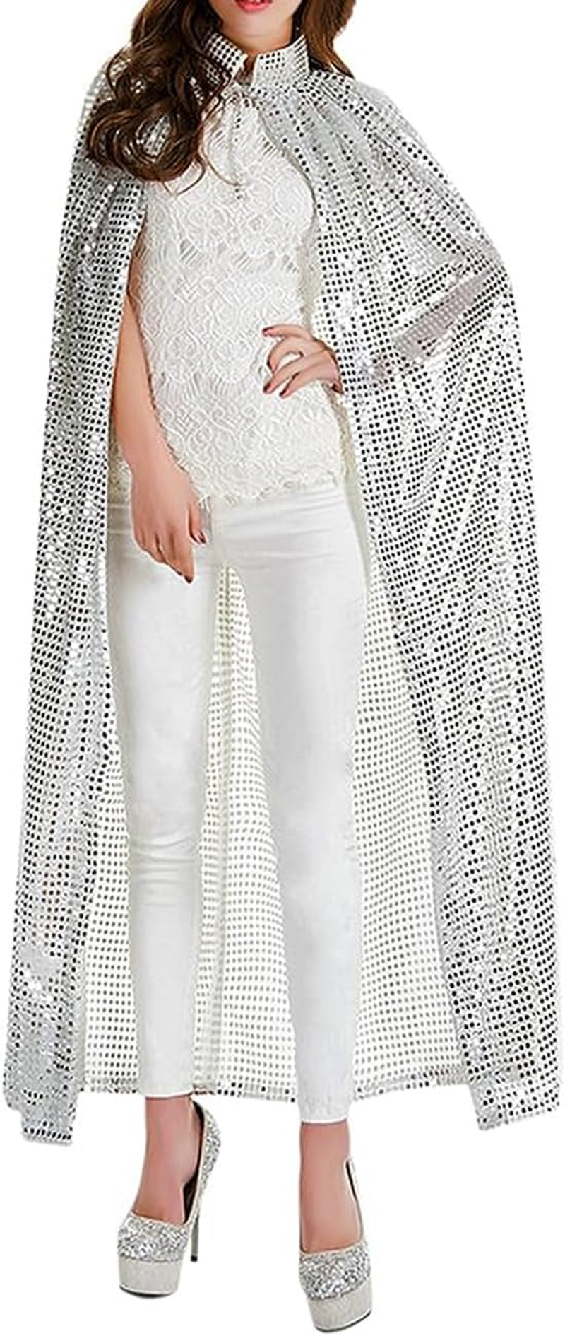 Halloween Costume Cape Sequin 55'' Long Cloak for Witch Vampire Wizard Magician Knight Cosplay Fancy Party Dress Role Play Dress up for Adults Women Men image number 5