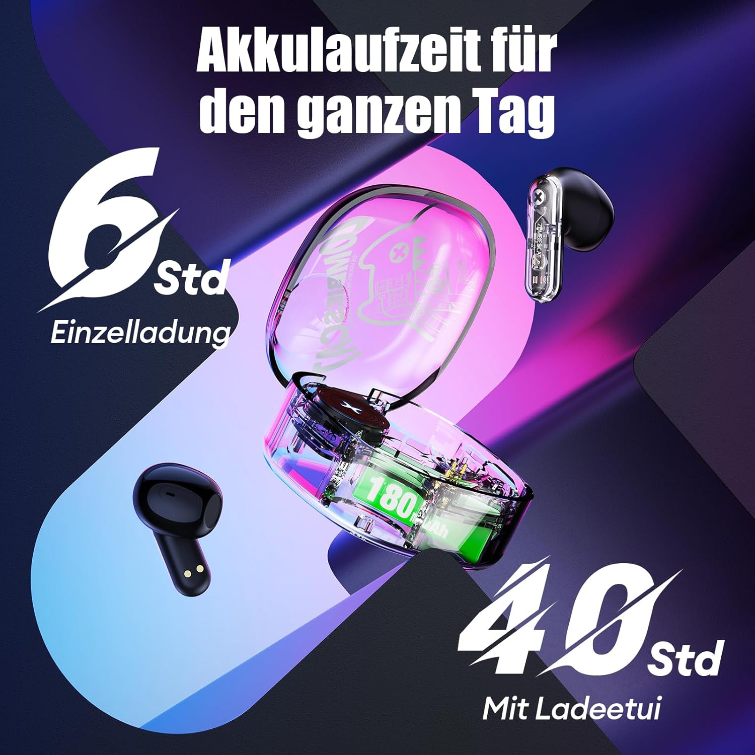 ZOMBIES CAT In-Ear Headphones Bluetooth 5.3 Touch Control In-Ear Earphones with 4 Microphones Exclusive Light Effects Intense Bass Wireless Headphones for Ios Android B2 Black - Black image number 4