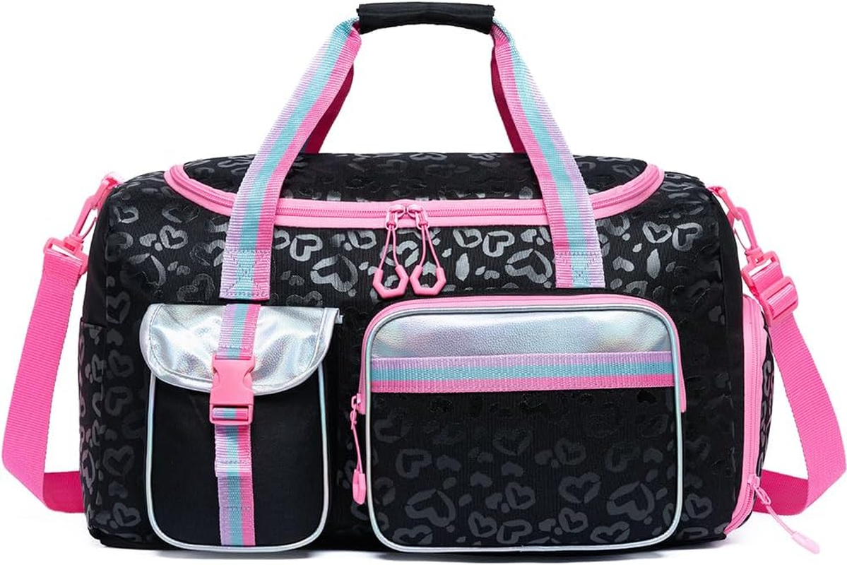 Kids Duffle Bag Girls Dance Bag for Kids Overnight Bags for Teen Girls Sports Gymnastics Bags with Shoe Compartment, S-Love Leopard, 20"X11"X8.2"