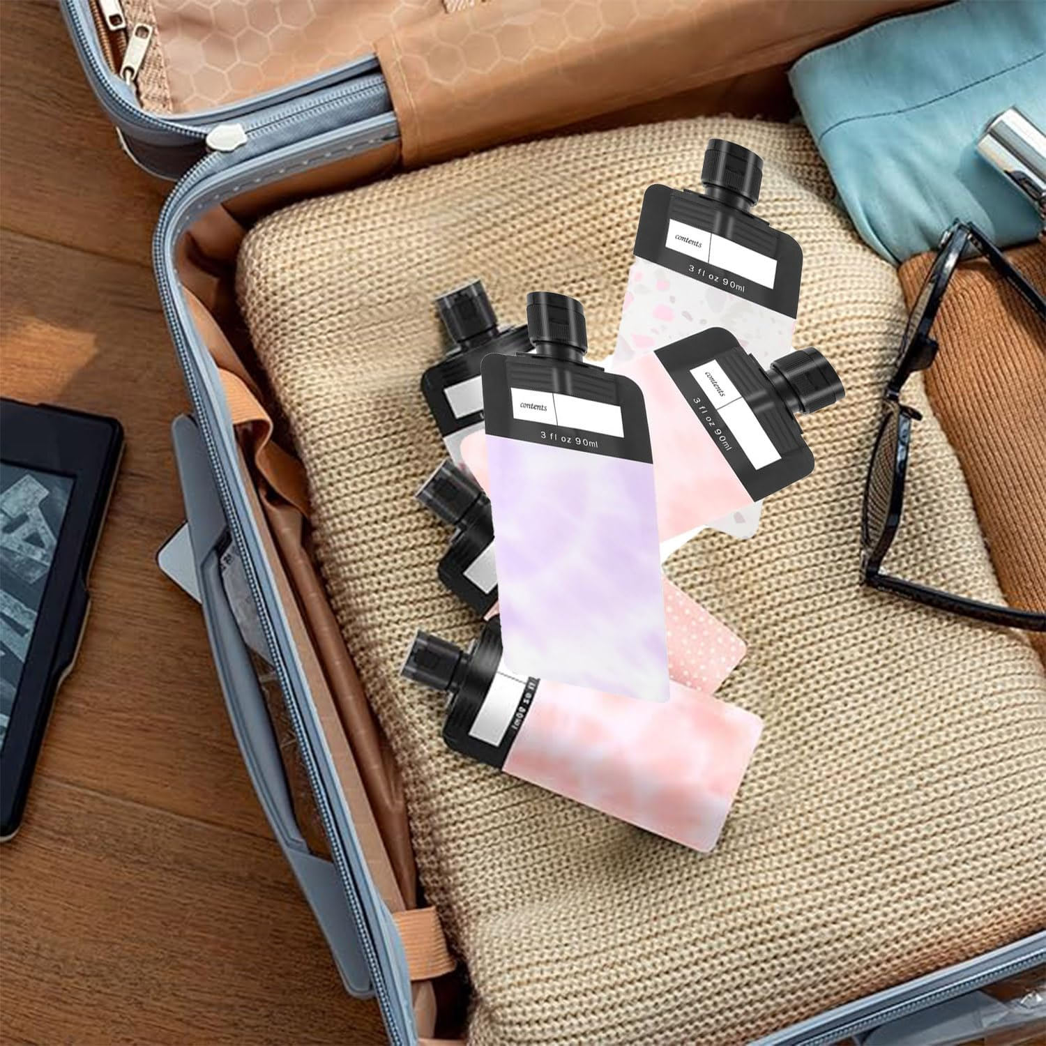 Roczential 6 Pcs Leak Proof Refillable Compression Bag, 90Ml Colorful Leak Proof Refillable Squeeze Pouches, Refillable Travel Pouches Proof Squeeze for Shampoo Conditioner Lotion Soap Hand Soap image number 4