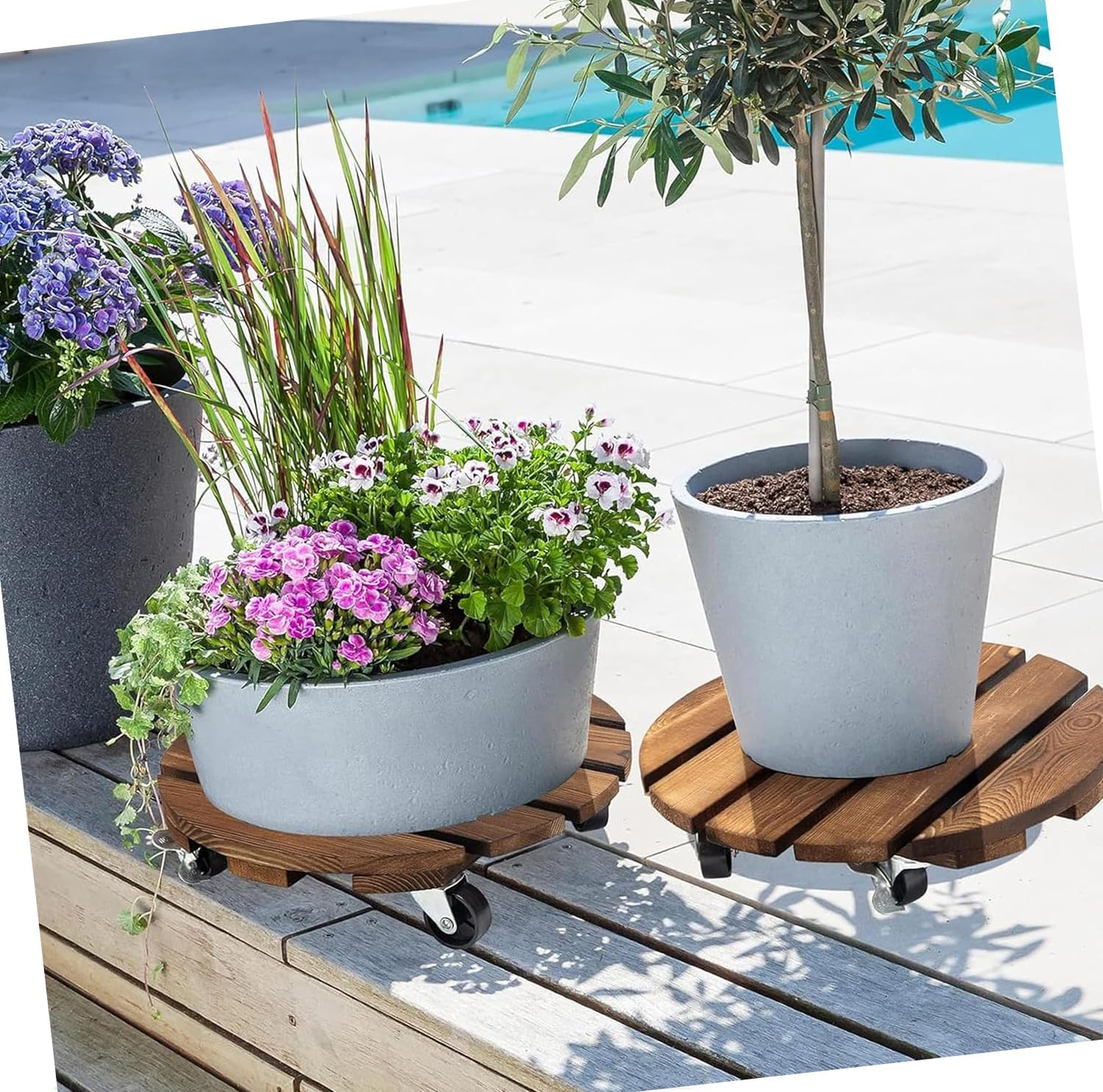 WEZCHUGHAOL 2-Pack Wood Plant Caddy with 360&deg; Lockable Wheels, Rolling Plant Stand for Indoor Outdoor Flower & Succulent Pots, round Pot Caster Tray 30X30X8Cm image number 1