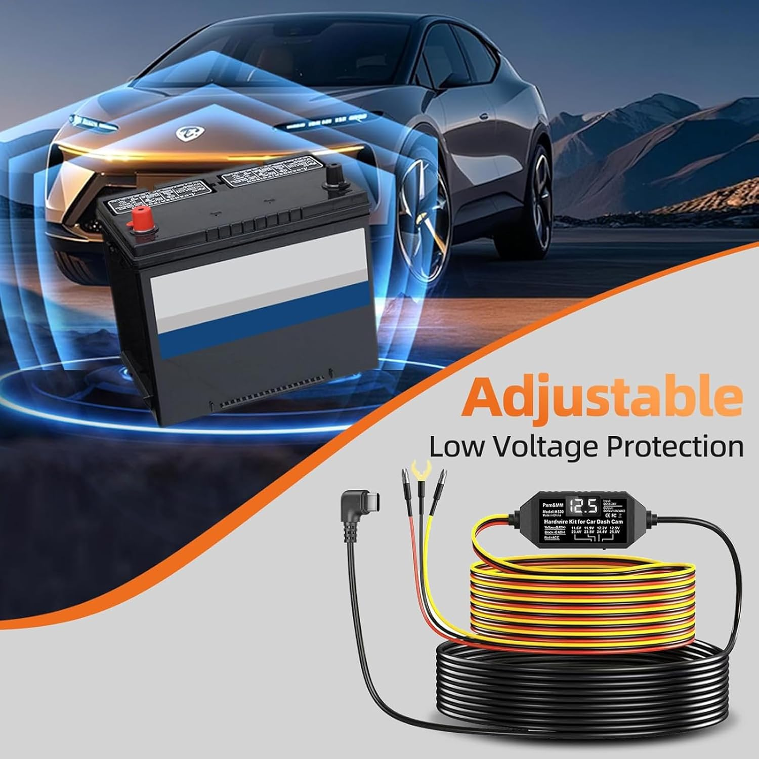 ACC Dash Cam Hardwire Kit with Voltage Indicator, Low Voltage Protection, 12V-24V to 5V USB-C Power Port, 24/7 Parking Mode, 3-Core Cable, Includes 4 Types / 8 Adapters & 6 Fuses for Dash Camera, GPS image number 4