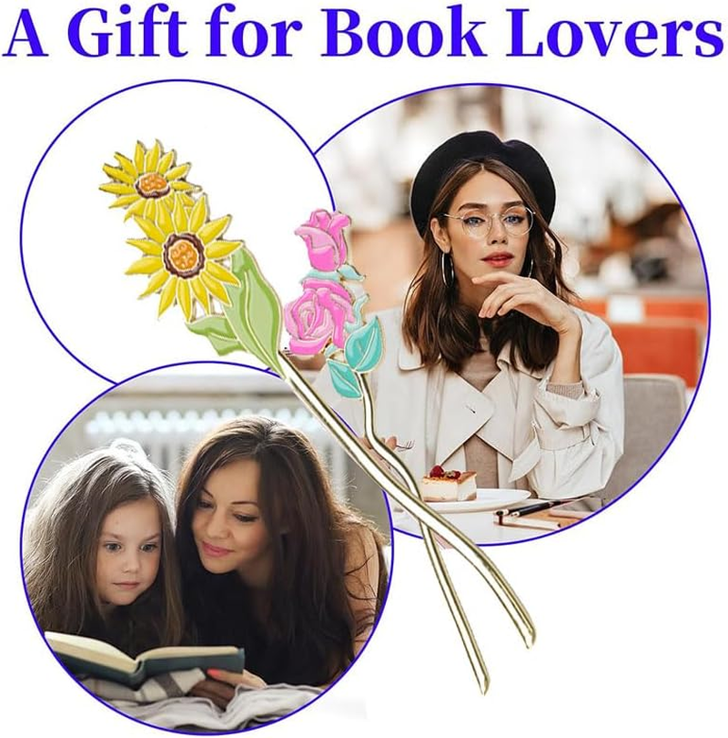 4Pcs Metal Flowers Bookmarks - Page Holders with Flower Pendant for Reading Lovers image number 3