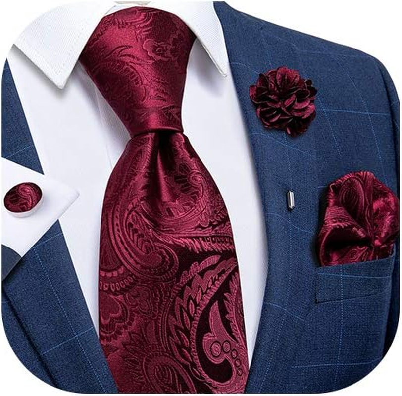 Dibangu Silk Tie Woven Handkerchief Men'S Necktie and Lapel Pin Brooch Set Paisley Plaid Solid Floral image number 1