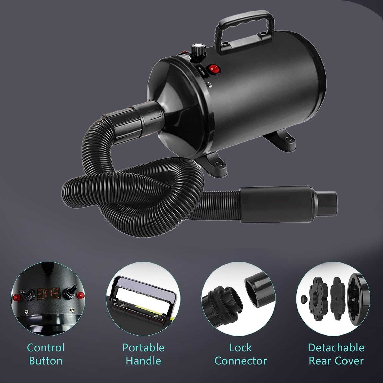 Dog Dryer,High 3200W/4.3HP Velocity Dog Hair Dryer with 5 Nozzles, Adjustable Speed, Constant Temperature Low Noise Professional Grooming Dryer,Black image number 2