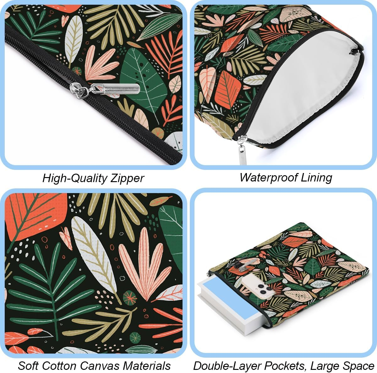 Jeilink Book Sleeve Book Protector Book Pouch Book Lovers Gifts Bookish Gifts Book Cover with Zipper for Hardcover Paperback Washable Leaves Printed Gift Bag for Women Mom Grandma Birthday, Bookcover image number 1