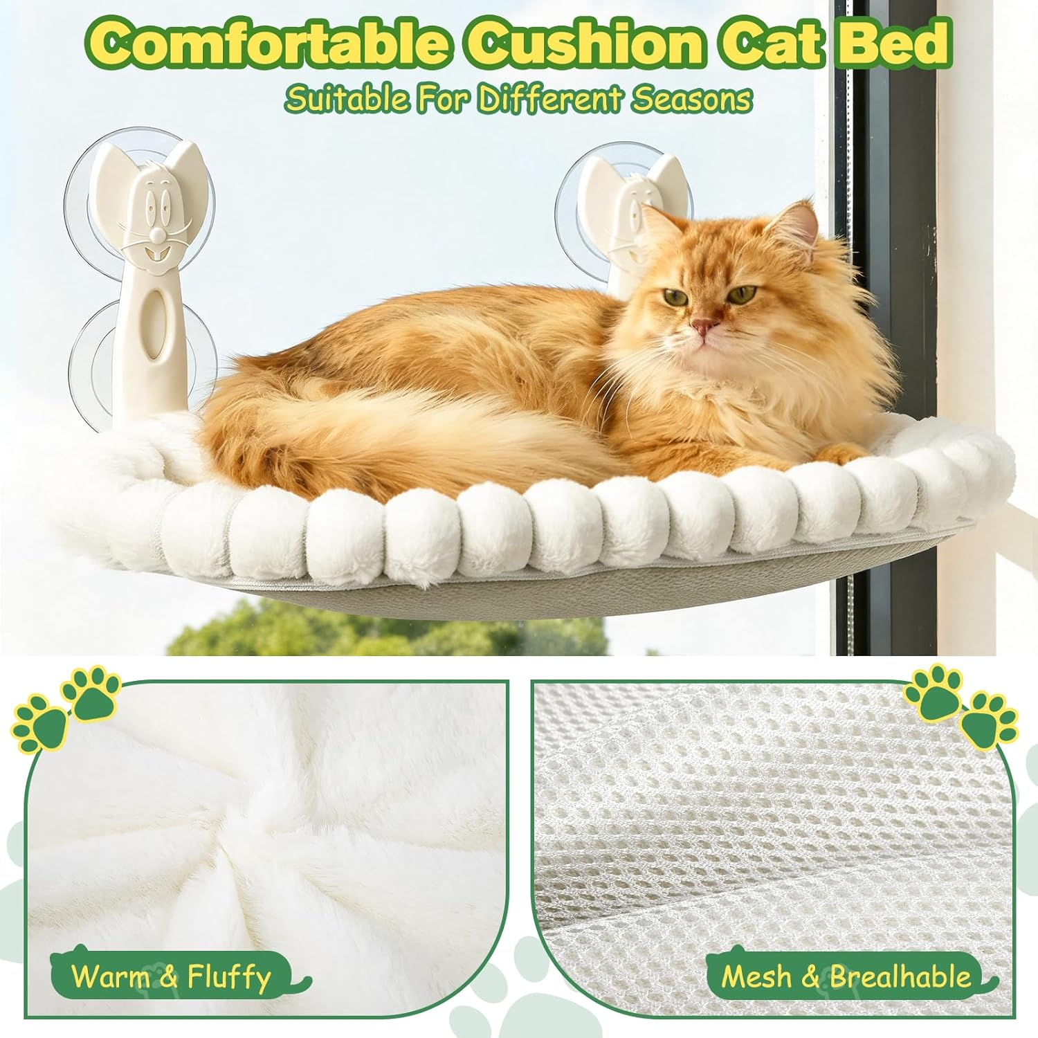 Euqvunn Cordless Cat Window Bed - 33LBS Weight Capacity with Dual-Side Washable Cushion, Foldable Cat Hammock for Indoor Cats, Ideal for Sunbathing, Napping & Bird Watching image number 1