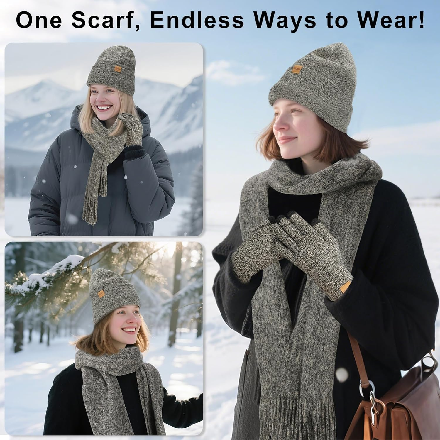 LOKZEER Winter Hat Gloves Scarf Set for Women: Knit Beanie with Fleece Lining, Touchscreen Thermal Gloves, Warm Soft Knitted Scarf 3Pcs Winter Accessories Gift Set - One Size image number 4