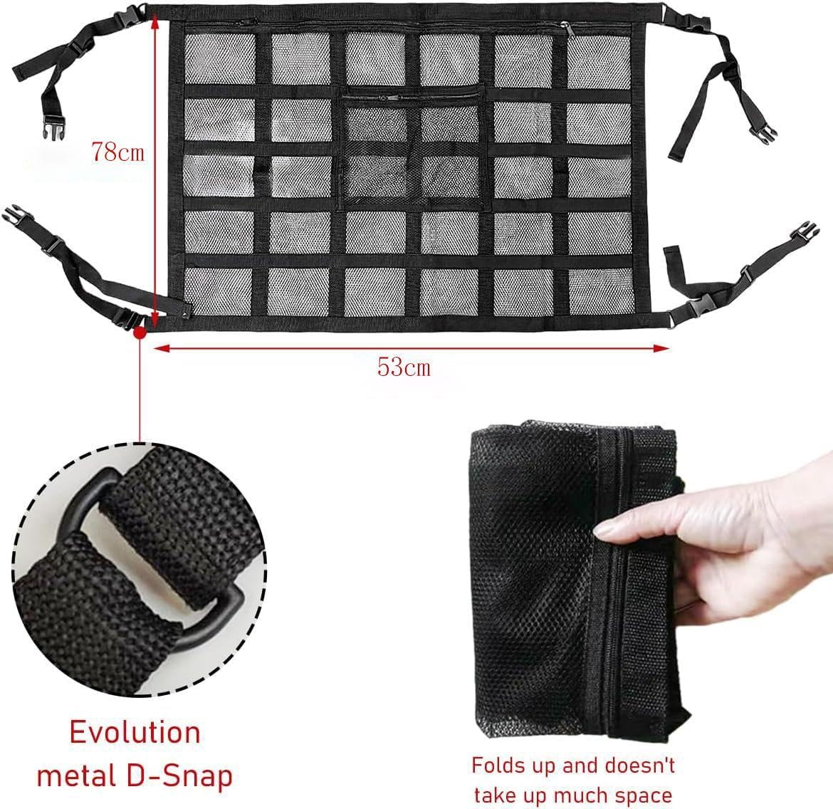 Car Ceiling Cargo Net Pocket, 78Cm&times;53Cm Strengthen Load-Bearing and Droop Less Mesh Organizer, Double-Layer Adjustable Buckle Roof Cargo Net for Long Travel Road Trip image number 4