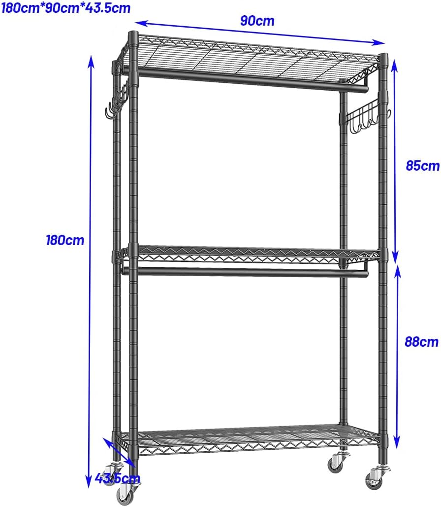 Rolling Clothes Rack,Heavy Duty Garment Rack,Adjustable Shelves and Hanging Rods, Multi-Functional Clothing Rack for All Kinds of Clothes Storage.Expandable Wardrobe and Closet Organizer. image number 4