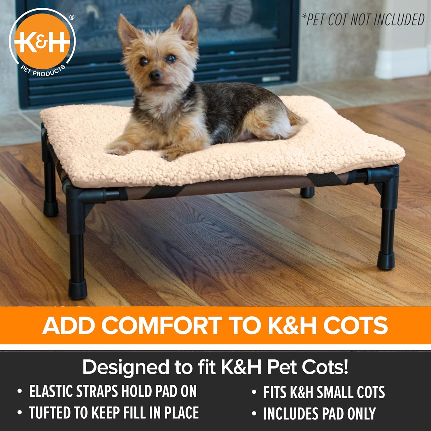 K&H Pet Products Dog Cot Pad (Cot Sold Separately), Pillow-Top Comfort Bed for K&H Small Elevated Dog Beds, Soft & Fluffy, Secure Fit Straps, Machine Washable, Portable - Small 22 X 17In Tan Fleece image number 4