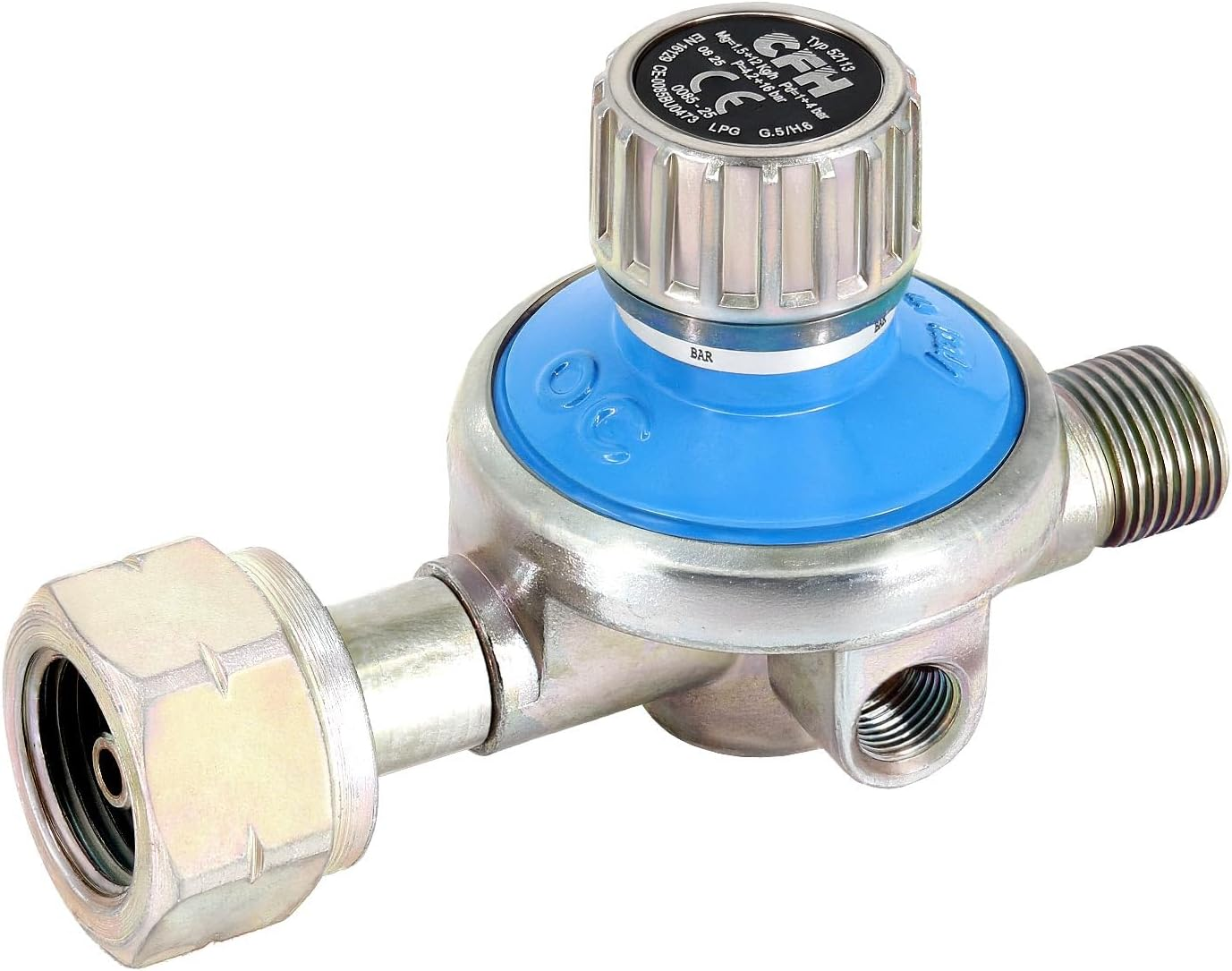 CFH Gas Pressure Regulator Propane Gas Cylinder DR 113 - Pressure Regulator Continuously Adjustable 1-4 Bar - Input G.5 and Output H.6 3/8 Inch According to EN 16129, Flow Rate 1.5-12 Kg/H