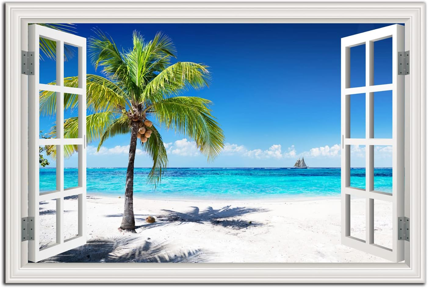 Beach Wall Art Decor Tropical Ocean Canvas Picture for Living Room White Window Frame Style Blue Seascape Paiting for Bedroom Coastal Theme Landscape for Home Office Decorations Ready to Hang(24"*36")