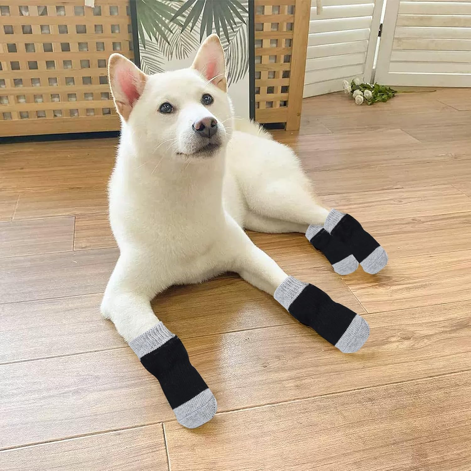 DHWEKU Indoor Non-Slip Socks for Dogs, Dog Socks, Non-Slip Socks, Dog, Soft Pet Protection, Improve Your Dog'S Grip, 2 Pairs, Black (L)