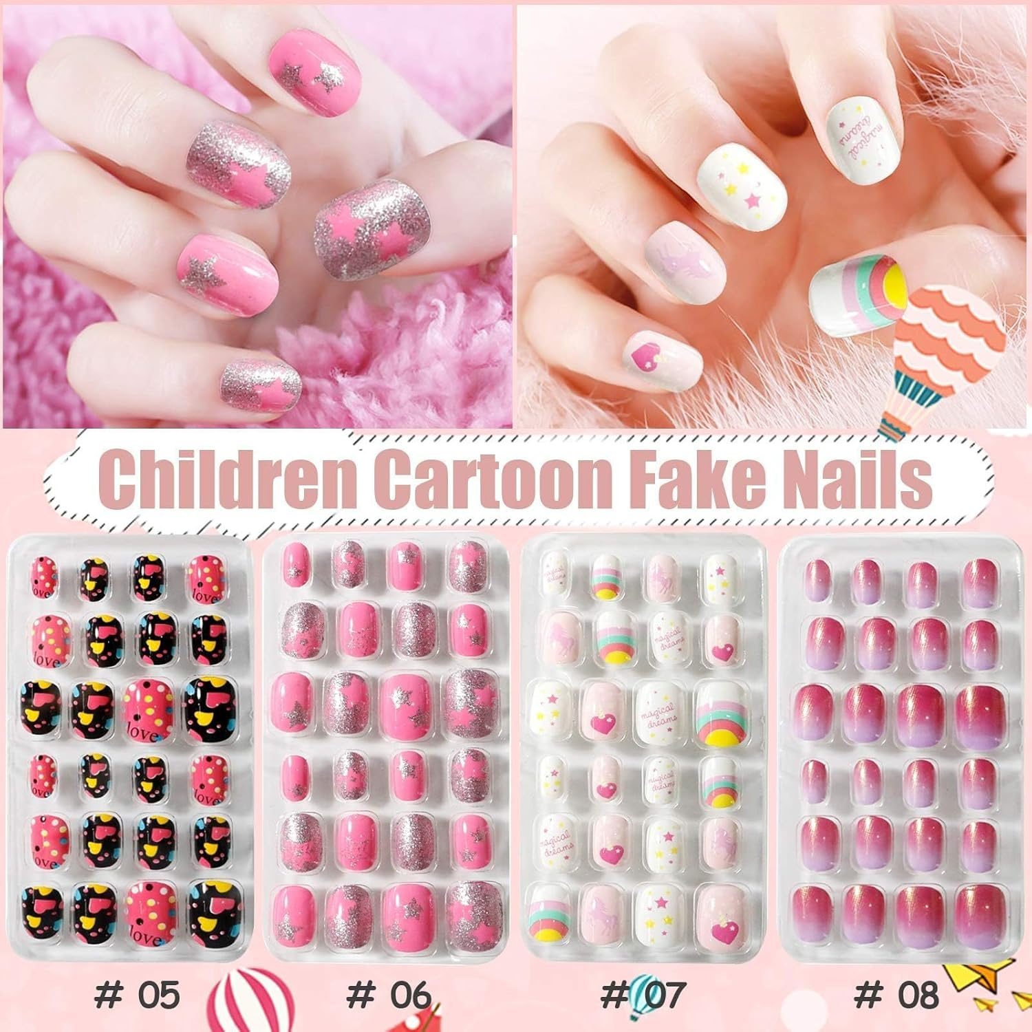 288 Pieces Press on Nails Kids, EBANKU Girls Fake Nail False Nail Tips Pre-Glue Full Cover Candy Pattern Short False Nail Kits with 48PCS Nail Adhesive Tabs for Kids Girls Lovely Gift image number 6