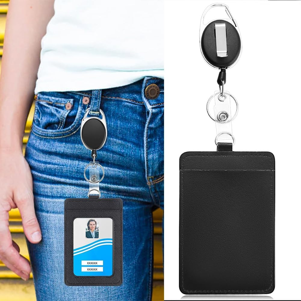2 Pack Badge Holders and Heavy Duty Retractable Reel Clips Set, Id Card Holder Retractable,Vertical Leather Swipe Card Holder with 1 Clear ID Window & 2 Credit Card Slots image number 1