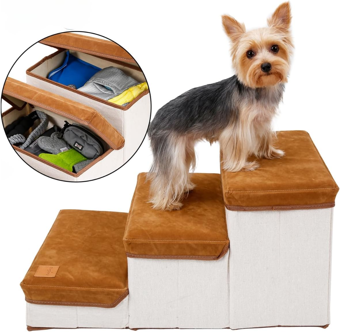 Foldable Pet Stairs with Soft Cushion, 3-Step Design, Hidden Storage, Easy Assembly, Ideal for Small Dogs & Cats (Brown, L, 3)