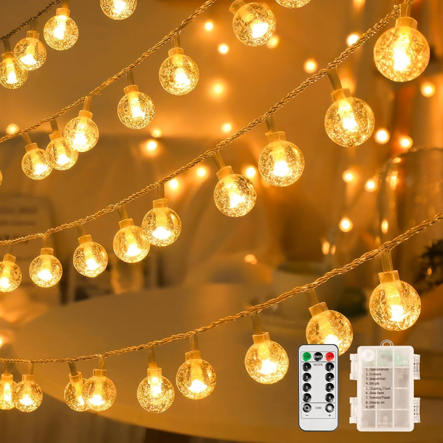 Fairy Lights, 33Ft 100LED Battery Operated with Remote, IP67 Waterproof Indoor Outdoor Hanging Crystal Beads for Home Party Patio Garden, Warm Yellow