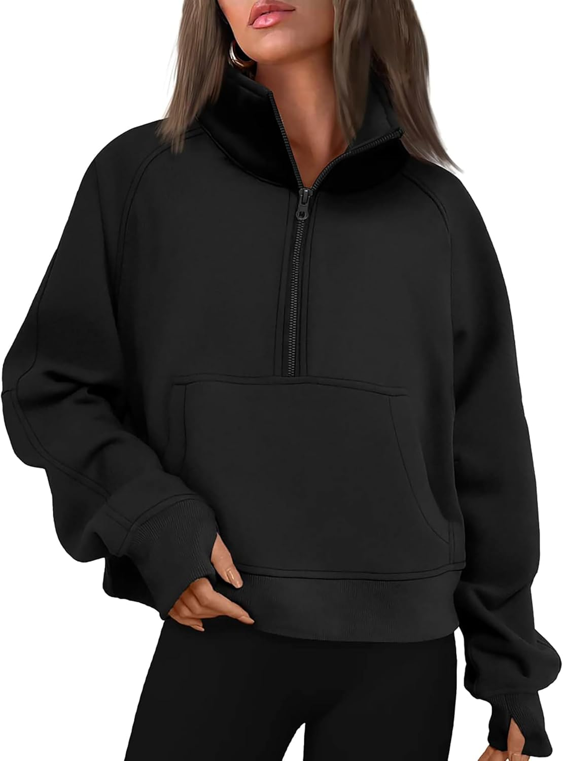 Oyamiki Womens Sweatshirt Long Sleeve Half Zip Pullover Tops Fashion Cropped Hoodie Casual Fall Fleece Lined with Thumb Hole