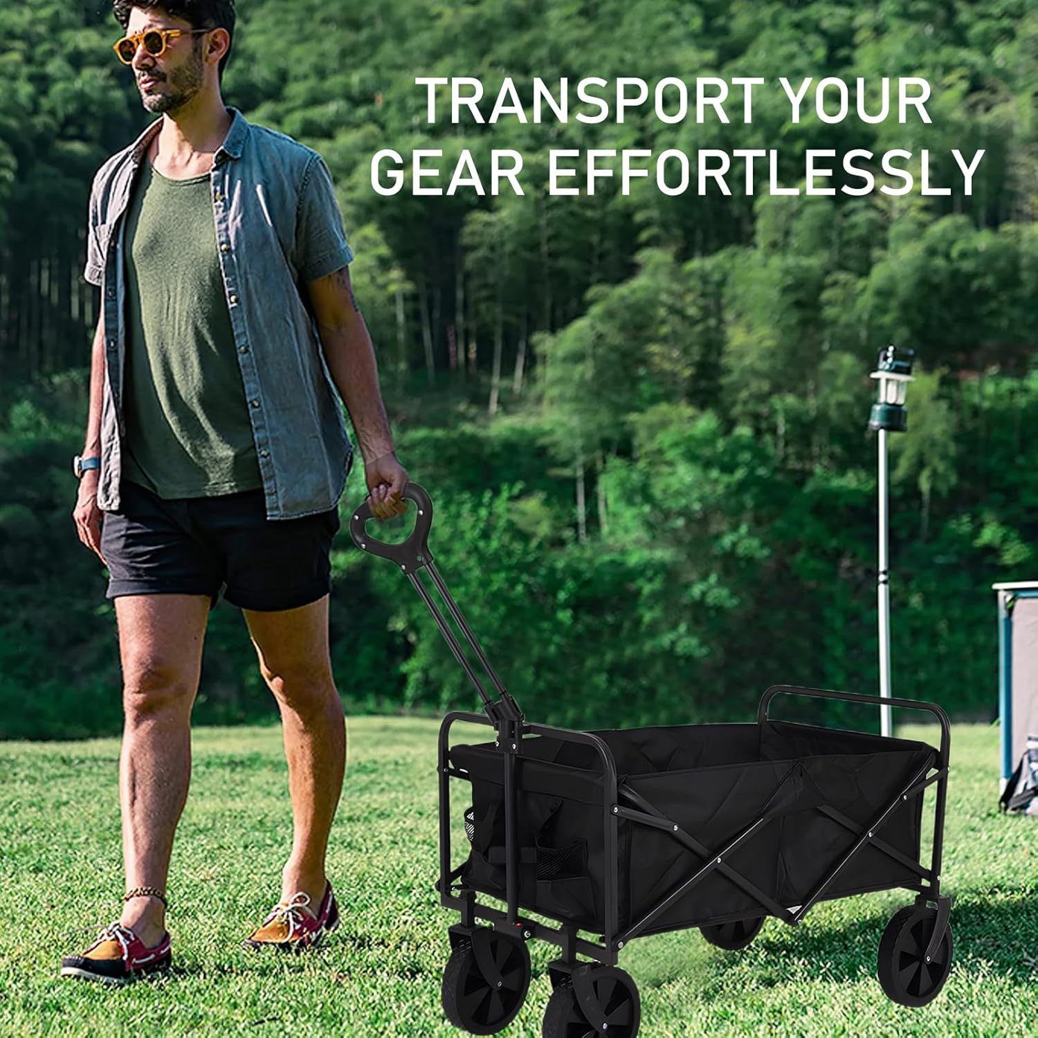 Festival Trolley on Wheels, Camping Folding Wagon, Portable Camping Cart Collapsible Foldable Trolly for Beach Outdoor Garden Picnic Shopping Fishing, Wide Wheels, Adjustable Handle, Black image number 5