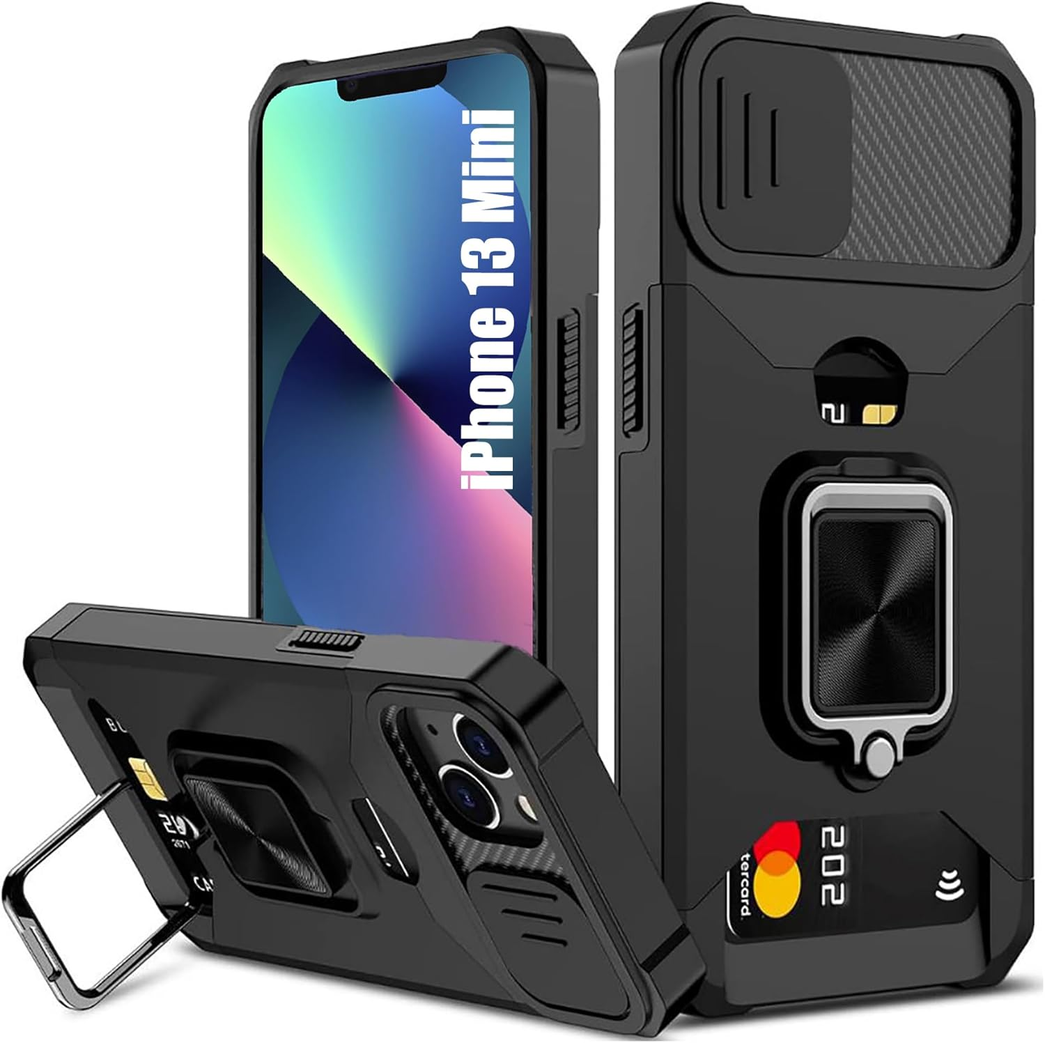 For Iphone 13 Mini Case with [Card Holder] and [Slide Camera Cover][360&deg; Rotate Ring Kickstand] Heavy Duty Protective Phone Cover Case for Iphone 13 Mini-Black image number 4