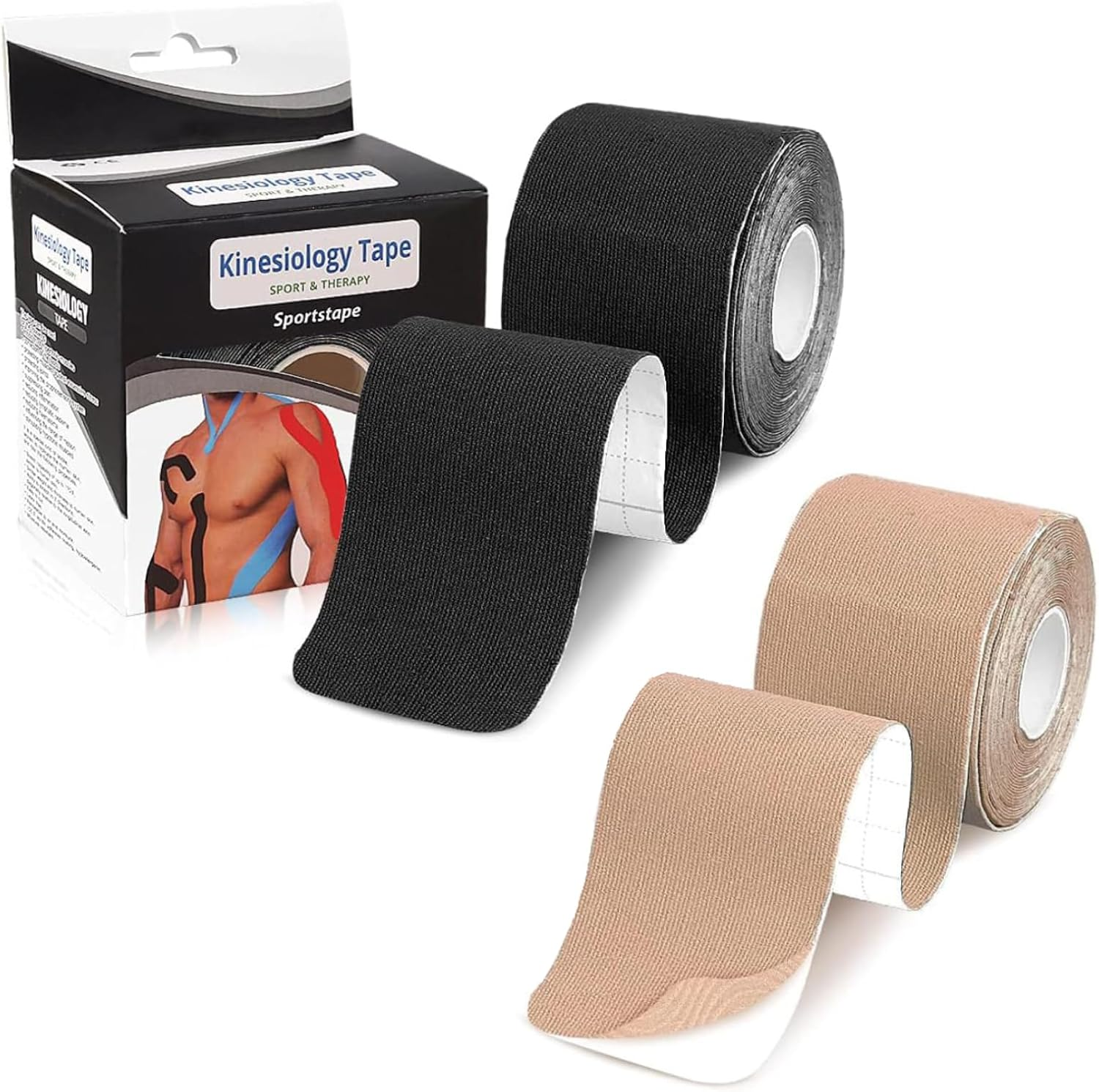 Kinesiology Tape，Elastic Premium Athletic Tape， Latex Free Waterproof and Sweat-Proof（Black and Light Brown)-5Cm X 5M for Muscle Building,Knees,Anles,Shoulder,Pain Relief and Injury Recovery image number 1