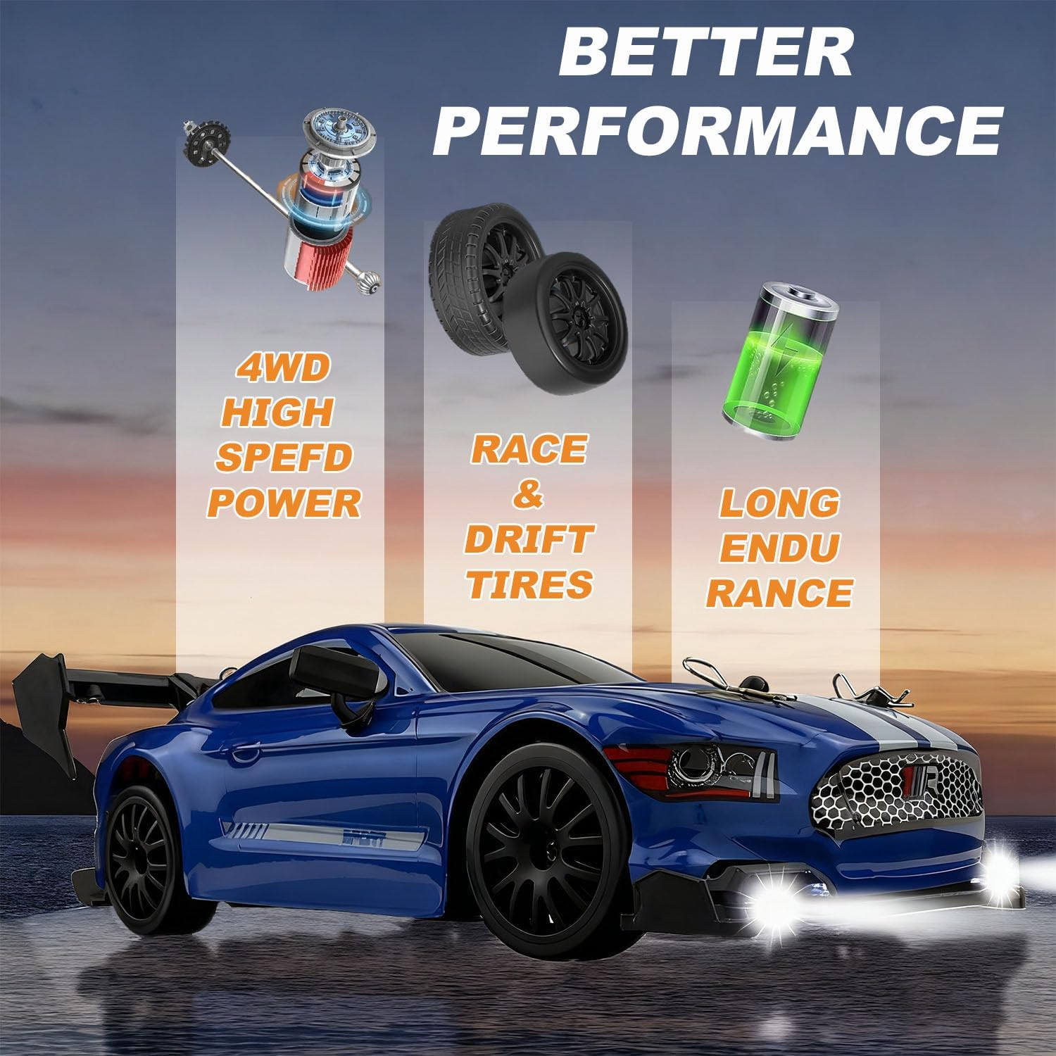 RC Drift Car, 1:24 Scale Remote Control Vehicle for Kids,4Wd 2.4Ghz 30KM/H High Speed RC Cars with LED Light, Drifting Tires Racing Sport Toy Cars for Adults Boys Girls Kids Gift (Blue)