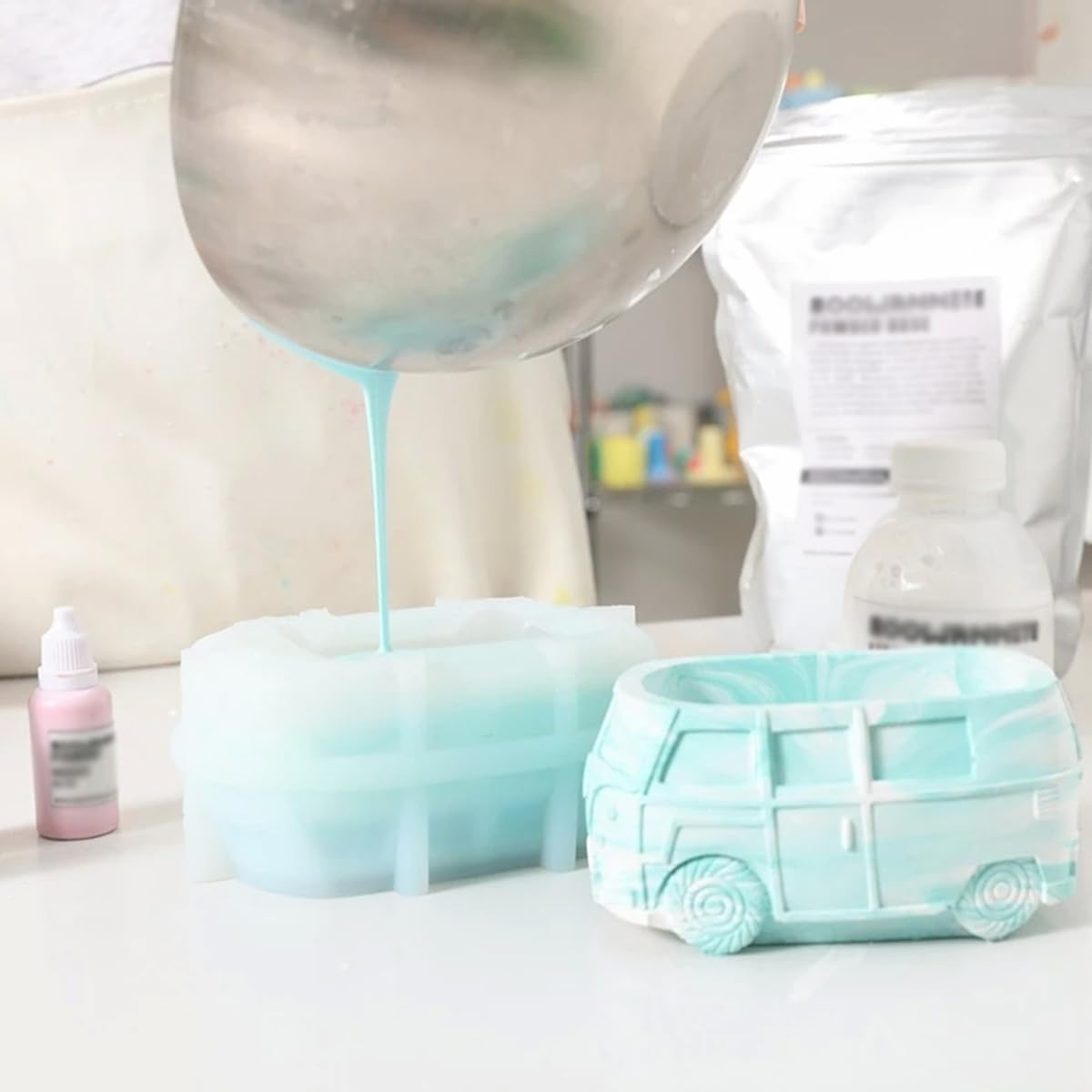 Bus Mold,3D Bus Flower Pot Silicone Mold Creative Bus Car Silicone Planter Mold Container Bowl Resin Mold Versatile Mold Bus Car Shaped Planter Mould Succulent Planter (White)