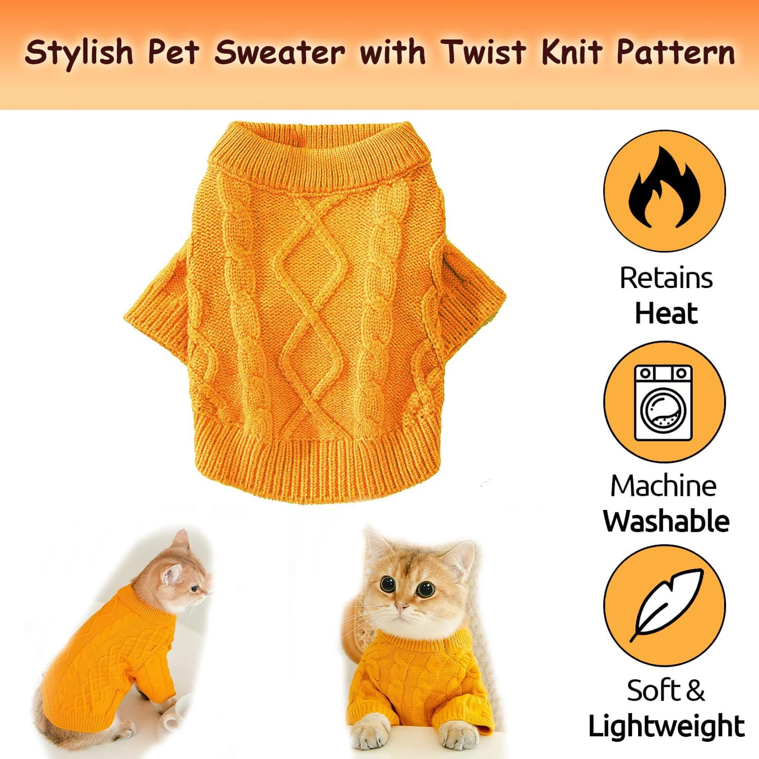 Small Dog Cat Sweaters, Puppy Jumper Sweater Warm Pullover Fleece Dog Jacket Winter Dog Clothes Cute Soft Turtleneck Knitted Classic Twist Striped Clothes for Small Medium Dogs Cat (Yellow, Large) image number 3