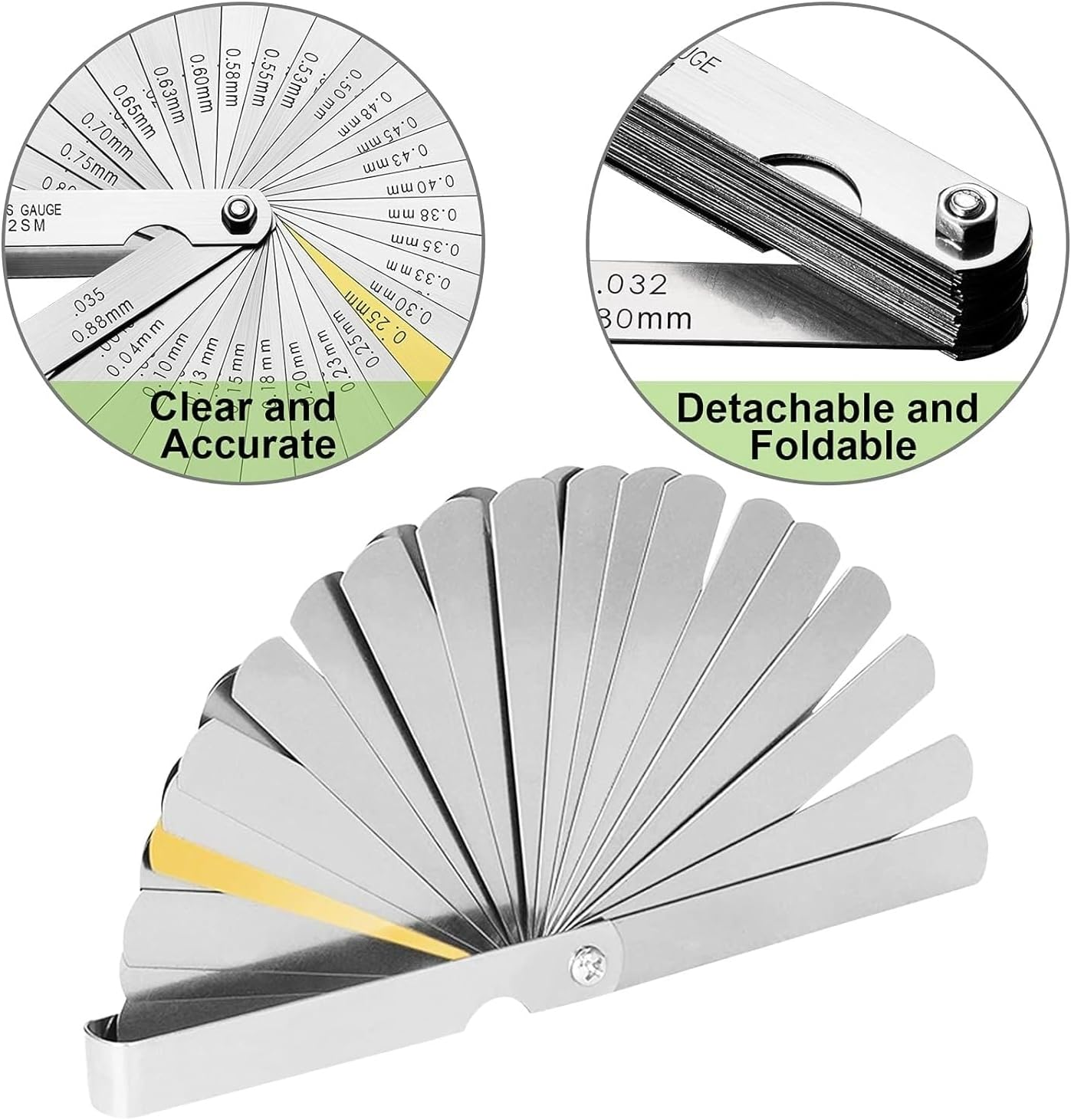 Universal Feeler Gauge Set Stainless Steel Thickness Gauge 32 Blades 0.04-0.88 Mm (0.0015-0.035 Inch) Metric/Imperial for Measuring Gap Width and Thickness for Guitar, Spark Plug image number 1