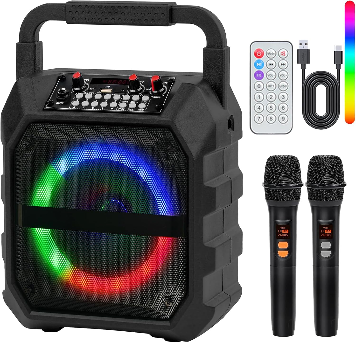 Portable Karaoke Machine with 2 Wireless Mics,Bluetooth Speaker & TWS Mode, W/6.5" Subwoofer,Ai Voice Changer, PA System for Home/Party/Outdoor, AUX/USB/TF Card/Fm & Live Recording, 8H Playtime image number 5