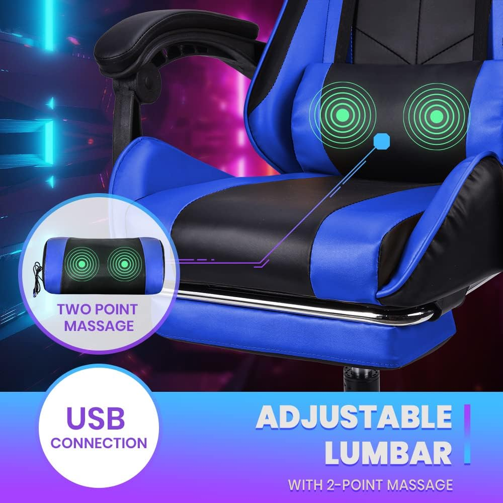 Furb Gaming Chair with 2-Point Massage Lumbar Cushion and Footrest, Ergonomic Executive Office Chair PU Leather Computer Chair with Adjustable Headrest and 135&deg;Recline, Black+Blue image number 4