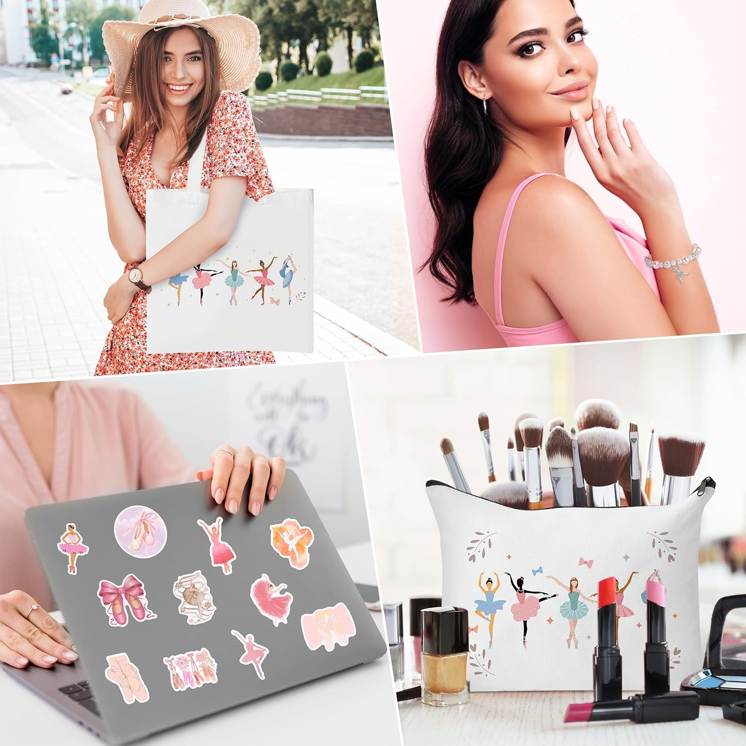 Y1Tvei Cute Ballerina Canvas Bags Kit- Ballet Dancing Girl Recital Gifts with Tote Bag Makeup Pouch Stickers Bracelet Card image number 3