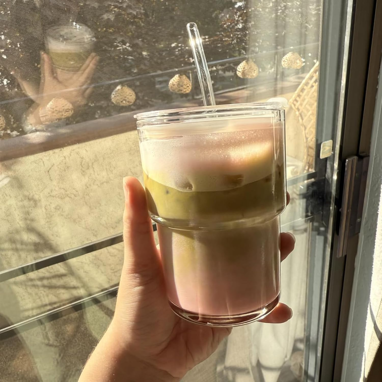 13Oz Glass Tumbler with Straw and Lid Sealed, Carry on Reusable Iced Coffee Cups,Thick Wall Glass Coffee Drinking Glassware Cups image number 4