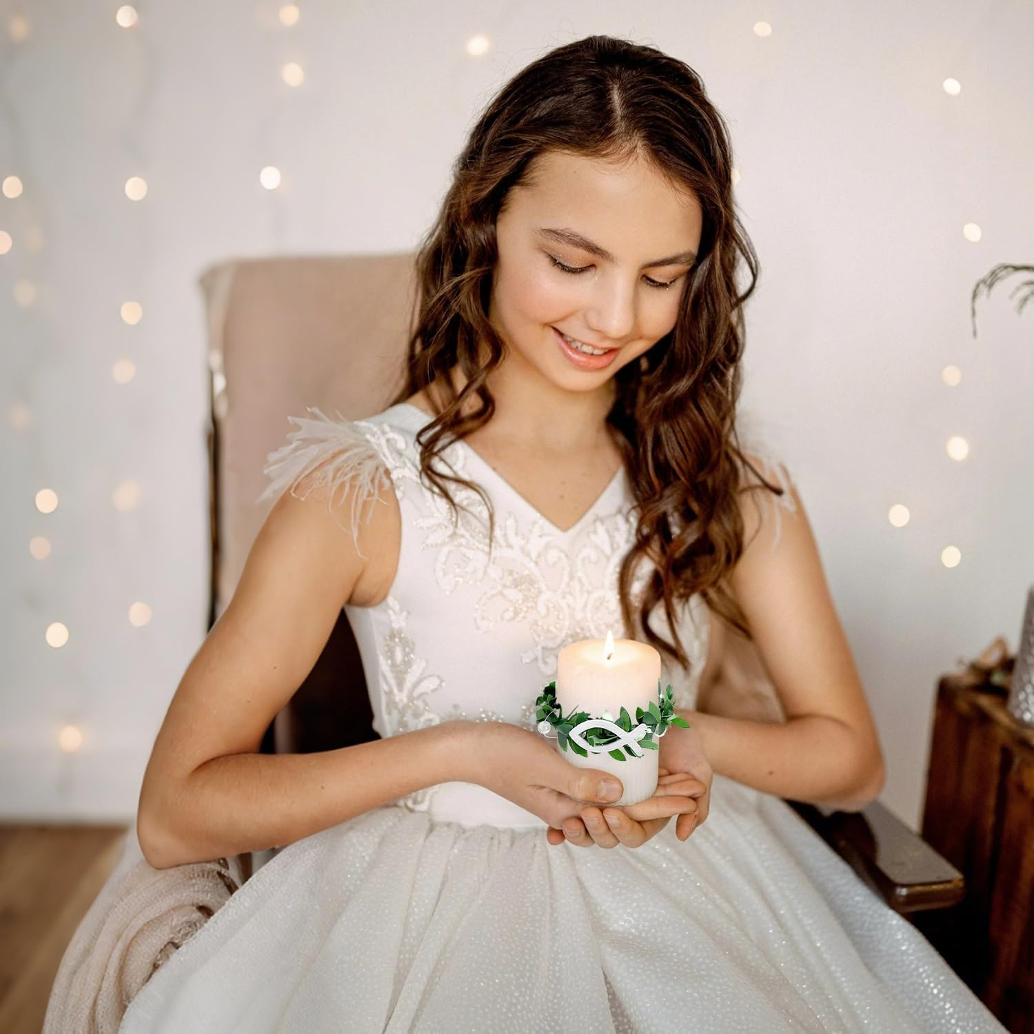 Candle Drop Protection 4 Cm - 9 Cm for Communion Candles and Christening Candles - Drip Catcher Candle Wreath with White Christening Fish Decoration, Wedding, Communion (Pack of 2) image number 5