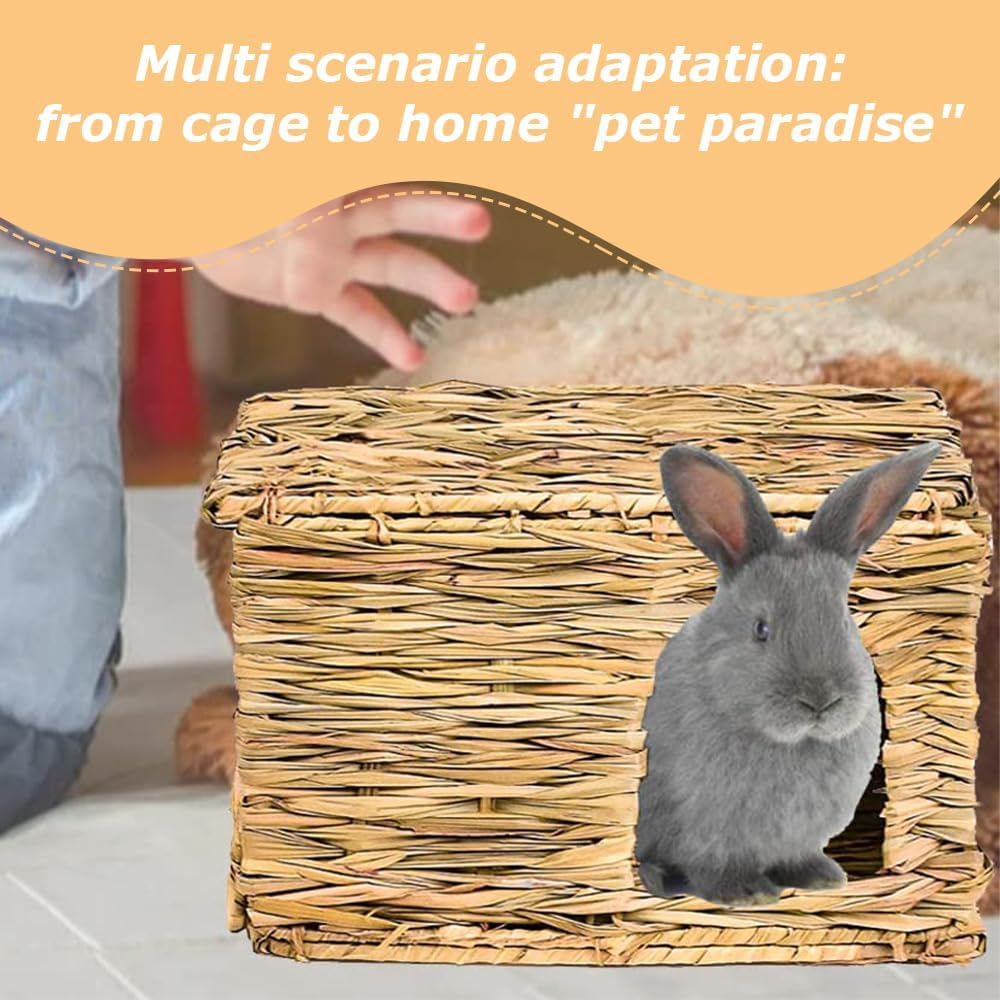 2 Pcs Foldable Grass Woven Animal House/Edible Bunny Hut,Natural Hand Woven Rabbit Cage & Seagrass Hay Bed, Grass House for Rabbit,Totoro,Guinea Pig image number 1