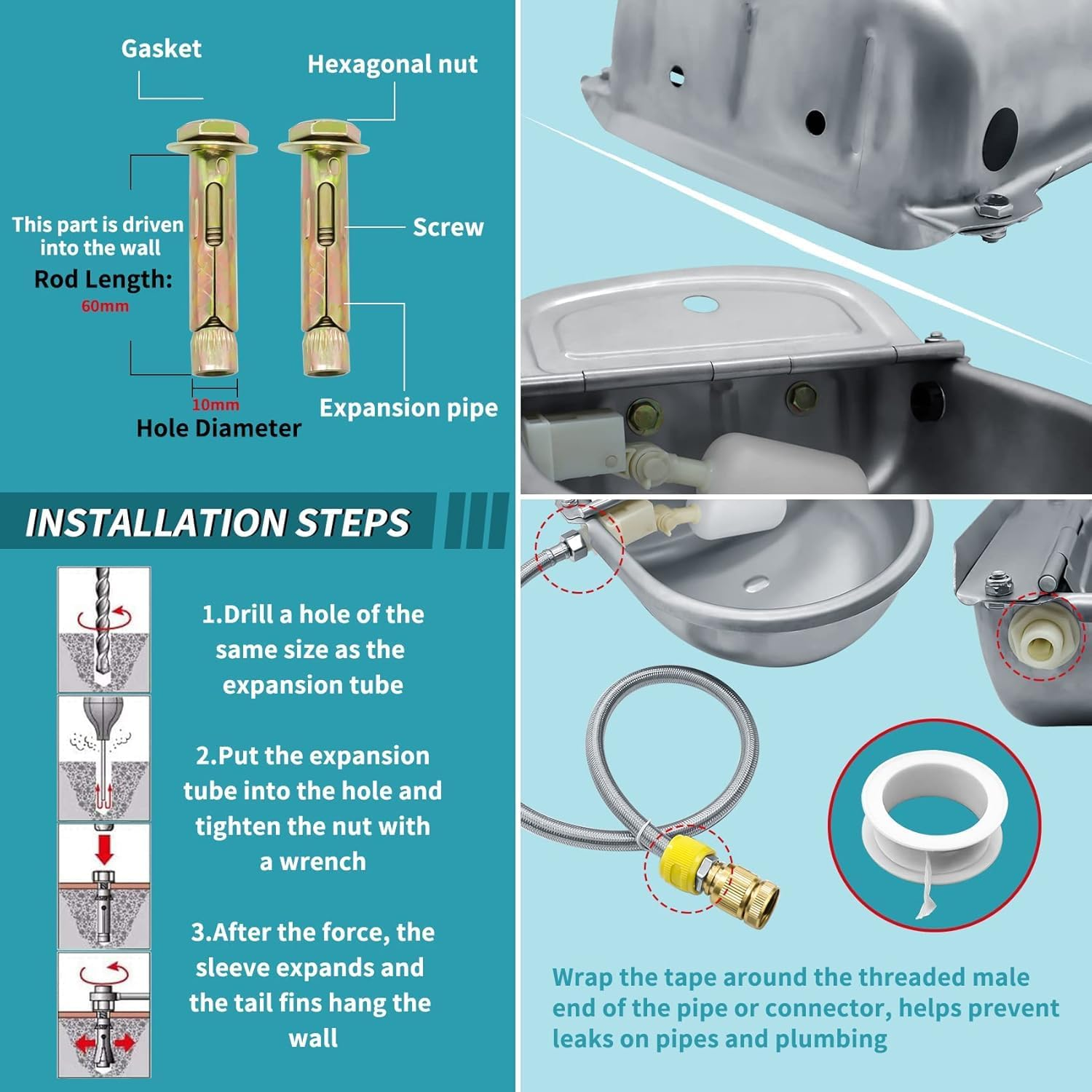 Automatic Animal Drinking Water Bowl, 304 Stainless Steel Waterer for Dog Horse Goat Pig Cow, Livestock Water Trough Dispenser with Pipe Hose, 2 Float Valves, Quick Connecter, Expansion Bolt image number 1