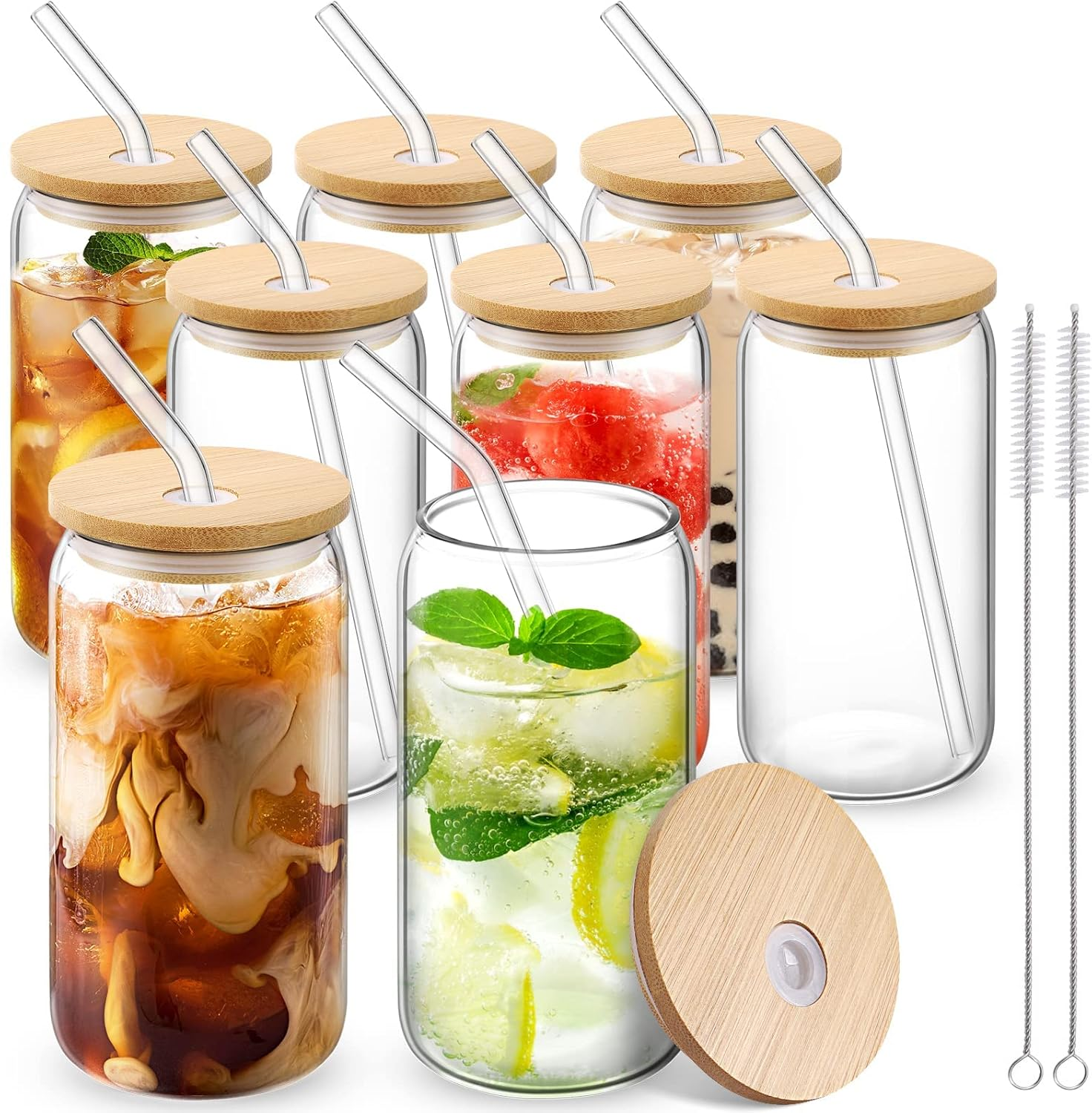 Drinking Glasses with Bamboo Lids and Glass Straw - 8Set 500Ml Can Shaped Glass Cups for Beer, Ice Coffee, Cute Tumbler Cup Great for Soda Boba Tea Cocktail Include Cleaning Brushes
