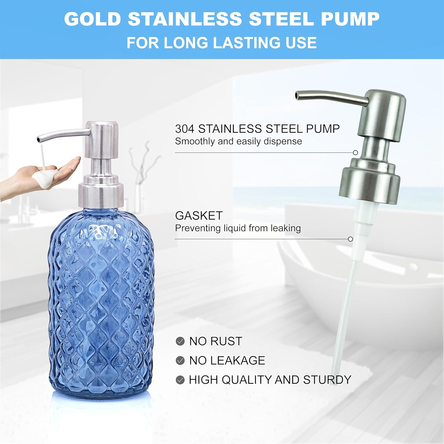 Lamarriti Blue Bathroom Accessories Set, 4Pcs Clear Glass Bathroom Accessory Set Complete, Lotion Soap Dispenser, Toothbrush Holder Set, Soap Dish, Qtip Holder for Modern Bath Decor, Light Blue image number 1