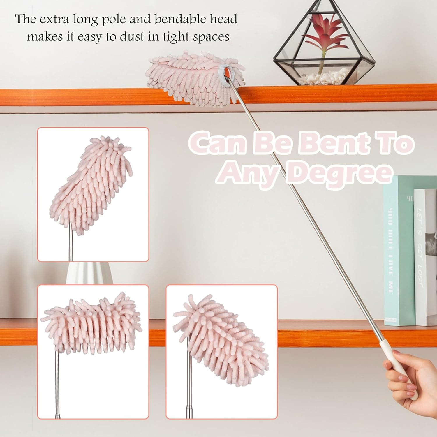 Aumohall Pink Retractable Microfiber Duster for Cleaning Extendable Feather Duster Household Cleaning Tool for Cleaning Car, Office, Window, Furniture - Pink image number 4