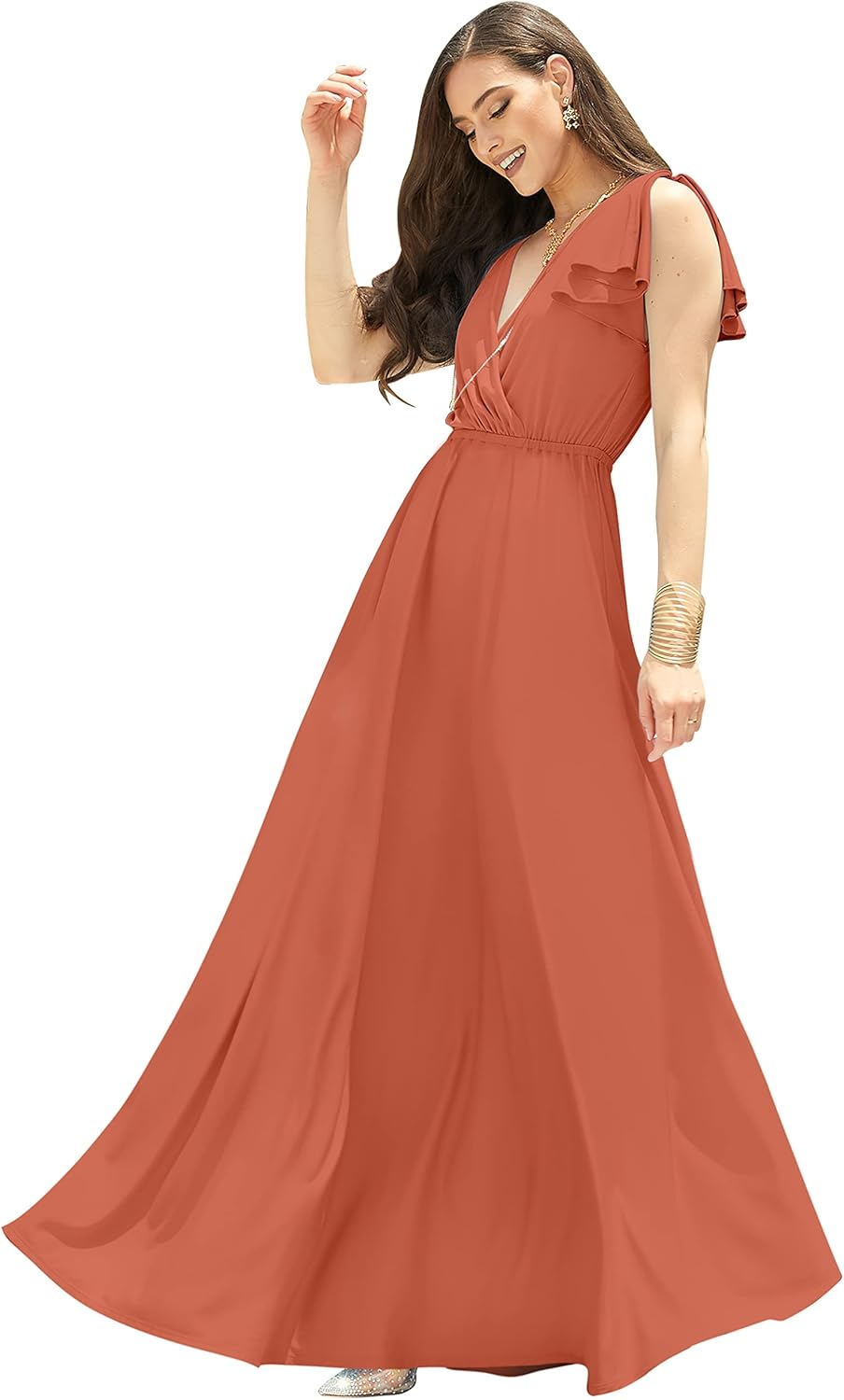 Koh Koh Womens Long V-Neck Ruffle Sleeveless Bridesmaid Prom Gown Maxi Dress image number 4